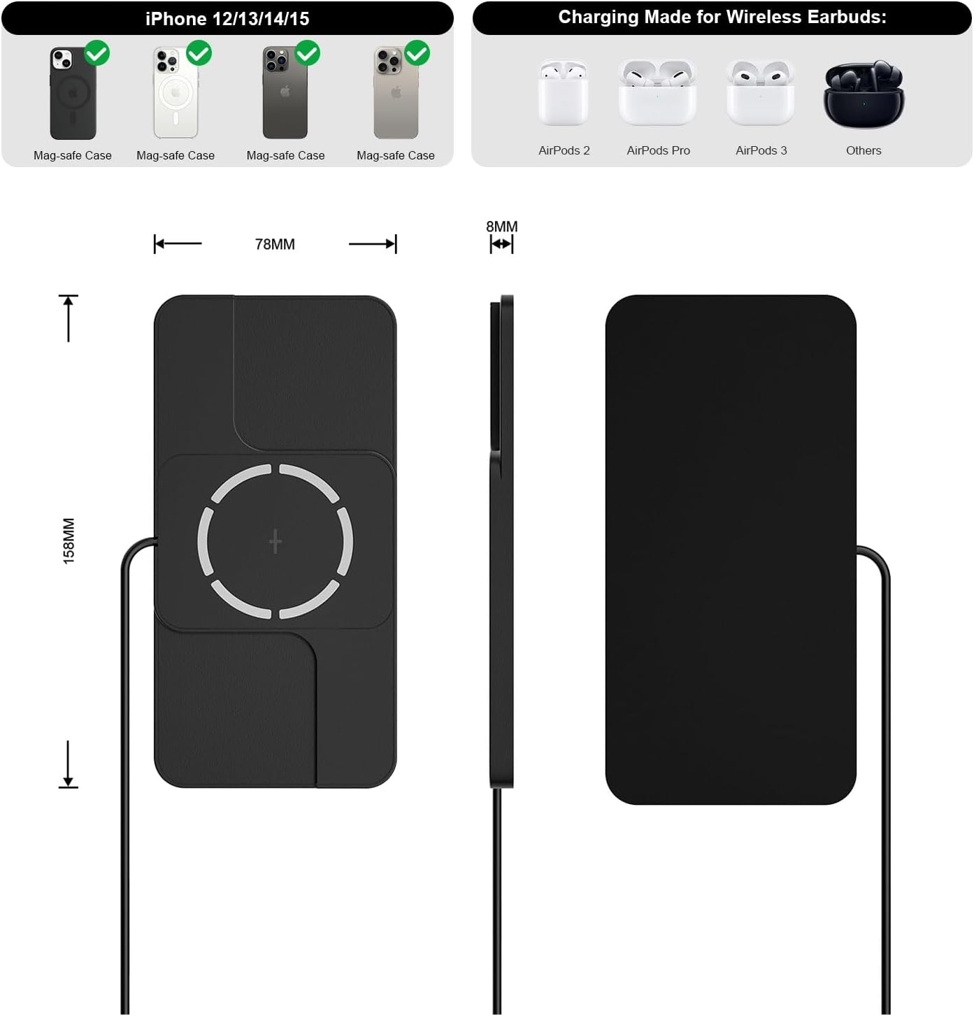 Wireless Charger Car Magnetic Charging pad Fast Wireless Phone Charger Cell Phone Cordless Charging mat Compatible with iPhone 16/15/14/13/12, Airpods Earbuds(C11MAG)