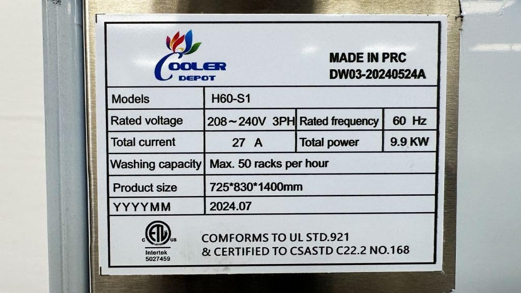 ETL certification and technical information label for H60-S1 dishwasher