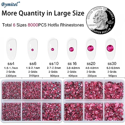 Image of Bymitel Hotfix Crystal Rhinestones Round Gems for Crafts,Mixed 6 Sizes with Wax Pencil Kit, Rose 1.6-6.3mm SS4-SS30 /8000pcs