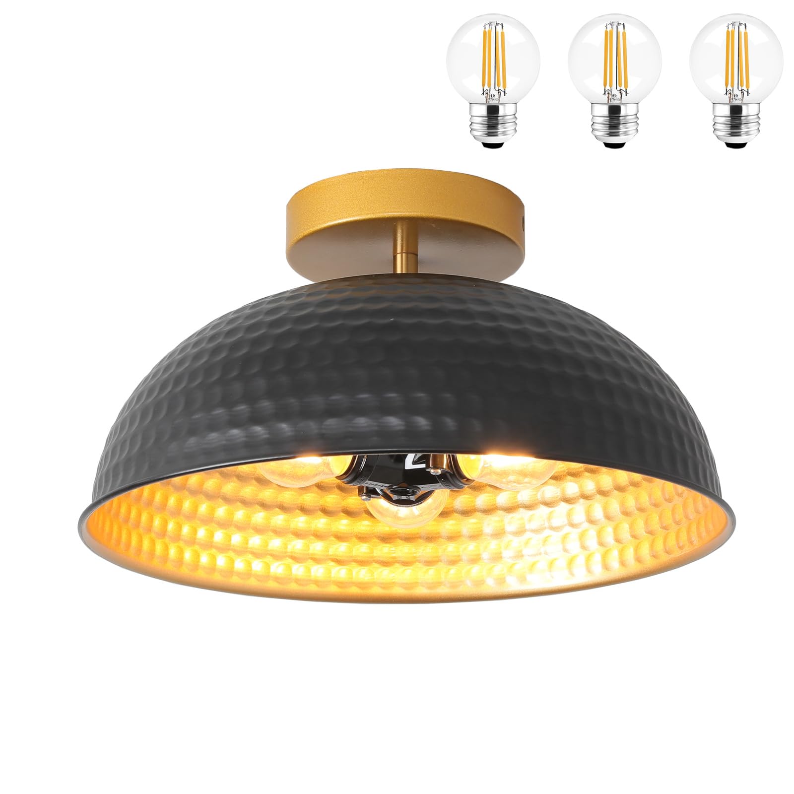 3-Light Semi Flush Mount Ceiling Light Fixture,Farmhouse black and gold Hammered Metal Shade Closed to Ceiling Lamp,Modern Industrial Ceiling Light for Hallway Entryway Foyer Living Room Badroom
