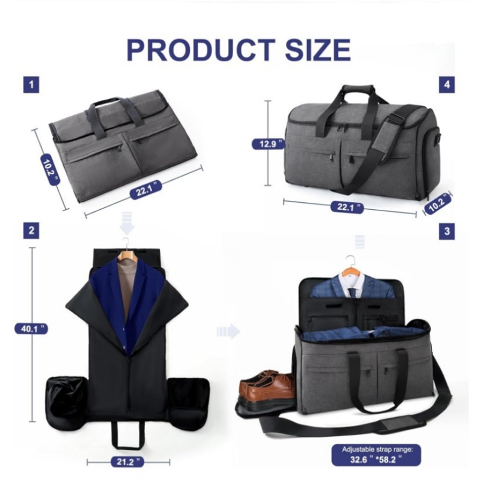 Borsa da Trasporto per Aereo Borse Porta Abiti Convertibili Da Viaggio Con Scomparto Per Scarpe, Borsone Porta Abiti 2 In 1 Borsa da Cabina