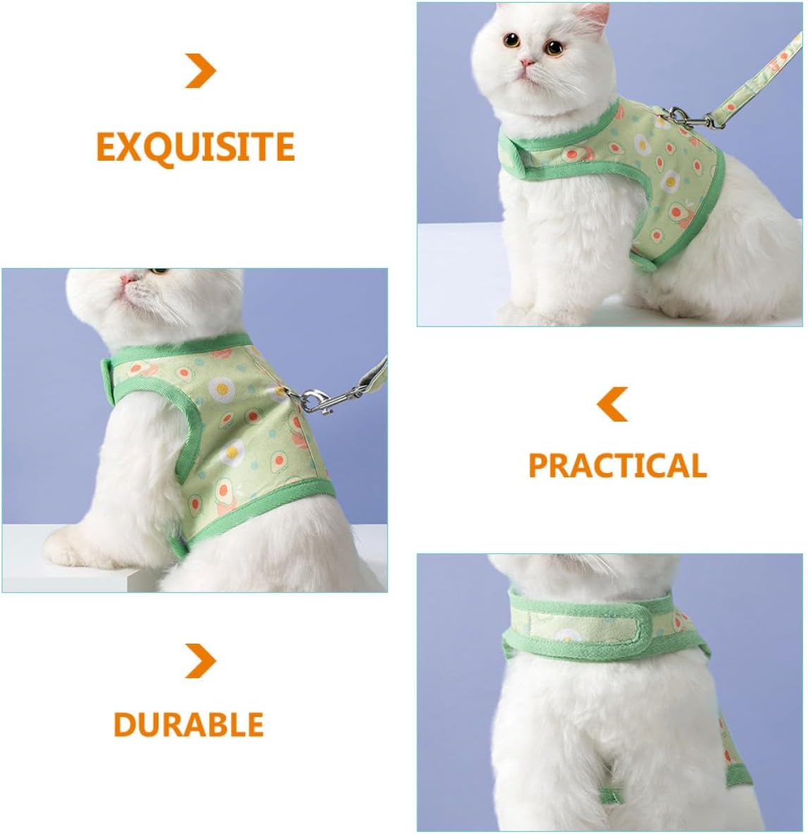 BESPORTBLE Cat Harness Leash Set with Breathable Mesh Vest, Avocado Print, Size L for 10-14 Lbs Cats, Adjustable Escape-Proof Strap for Outdoor Walking