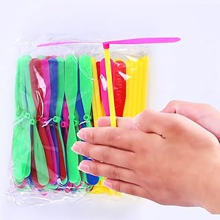 100 Pieces of Flying Hand Helicopter Toy Set, 50 Propellers+ 50 Rods, Bamboo Dragonfly Hand Rubbing Plastic Propeller