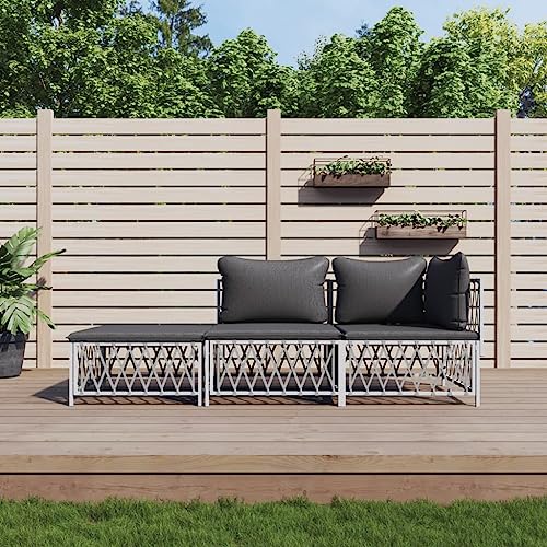 Salon de jardin modulable en acier enduit blanc et coussins gris