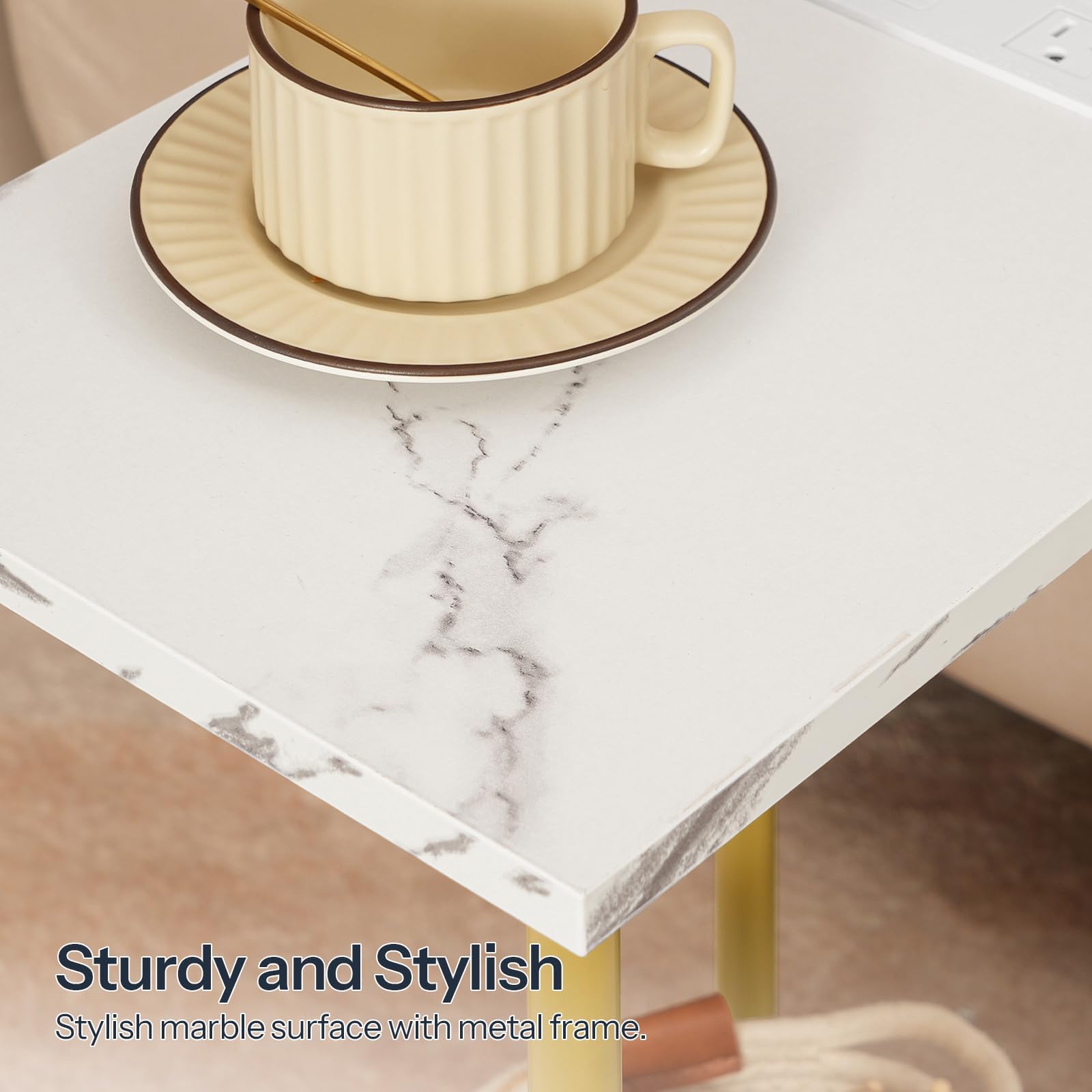 HOOBRO Side Table with Charging Station, End Table with USB Ports and Outlet, Nightstand with 2-Layer Storage Shelves for Small Spaces, Living Room, Bedroom, Stable Frame, Gold and Marble DM09UBZ01