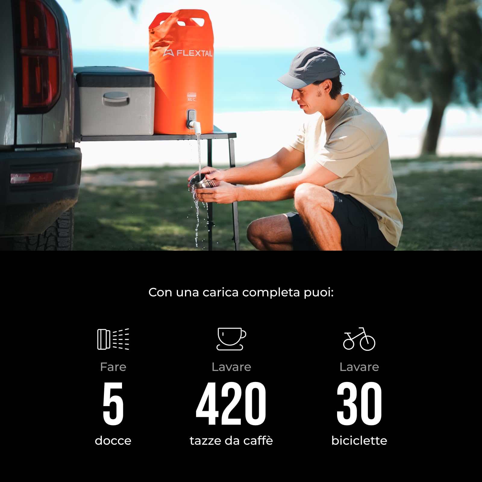 FLEXTAILGEAR Doccia Campeggio Portatile Secchio 20L Pompa Elettrica Integrata 2500mAh Due Velocità Kit Doccia Esterno Impermeabile IPX7 per Trekking Viaggi Auto e Lavaggio Animali Domestici