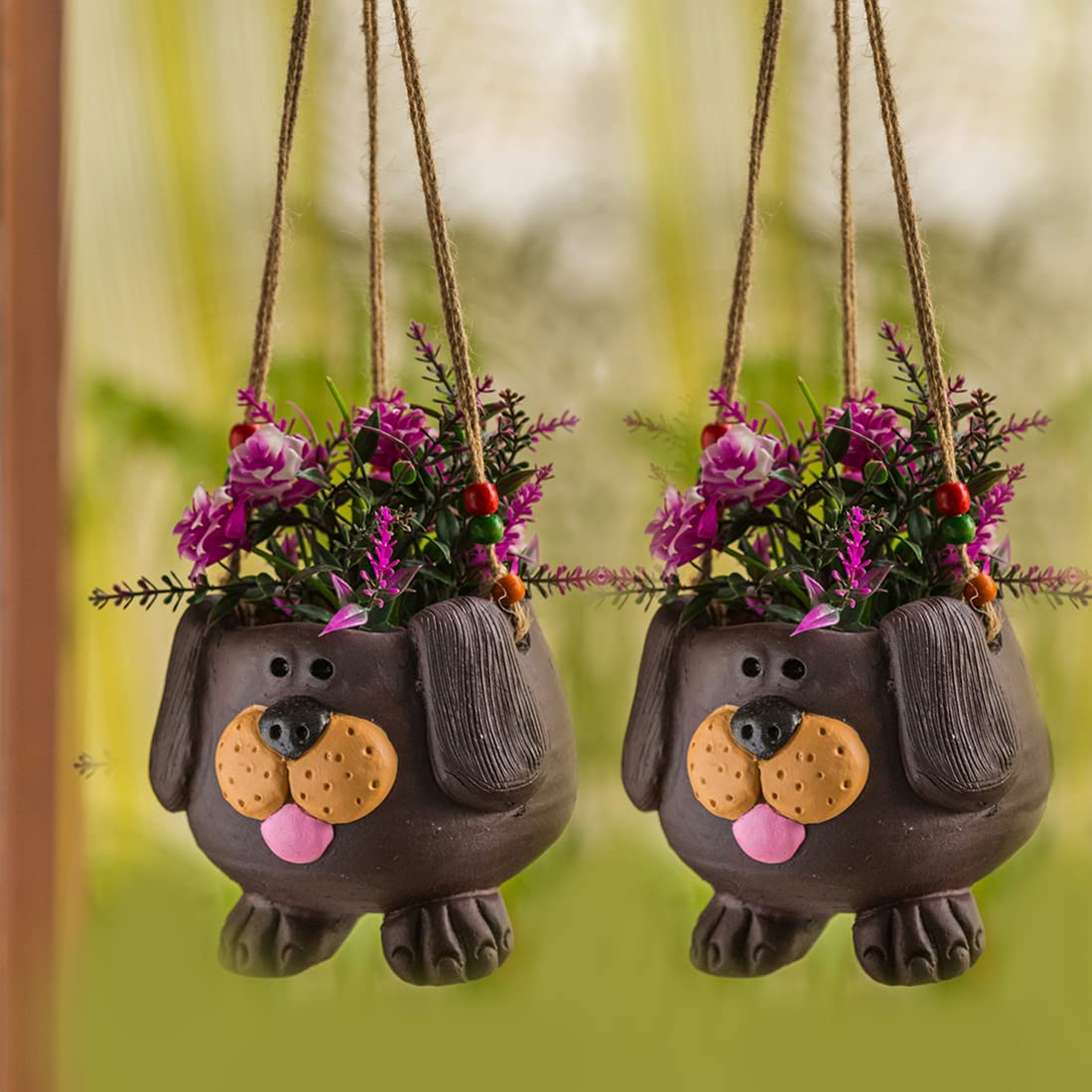 ExclusiveLane Terracotta Hanging Planter Pot Set of 2| 'Happy Hen