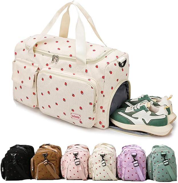 Corduroy Strawberry Sports Duffel Bag,Gym Bag with Shoe Compartment & Wet Pocket,Cute Travel Bag Weekend Bag Dance Bag for Girls (Pink)