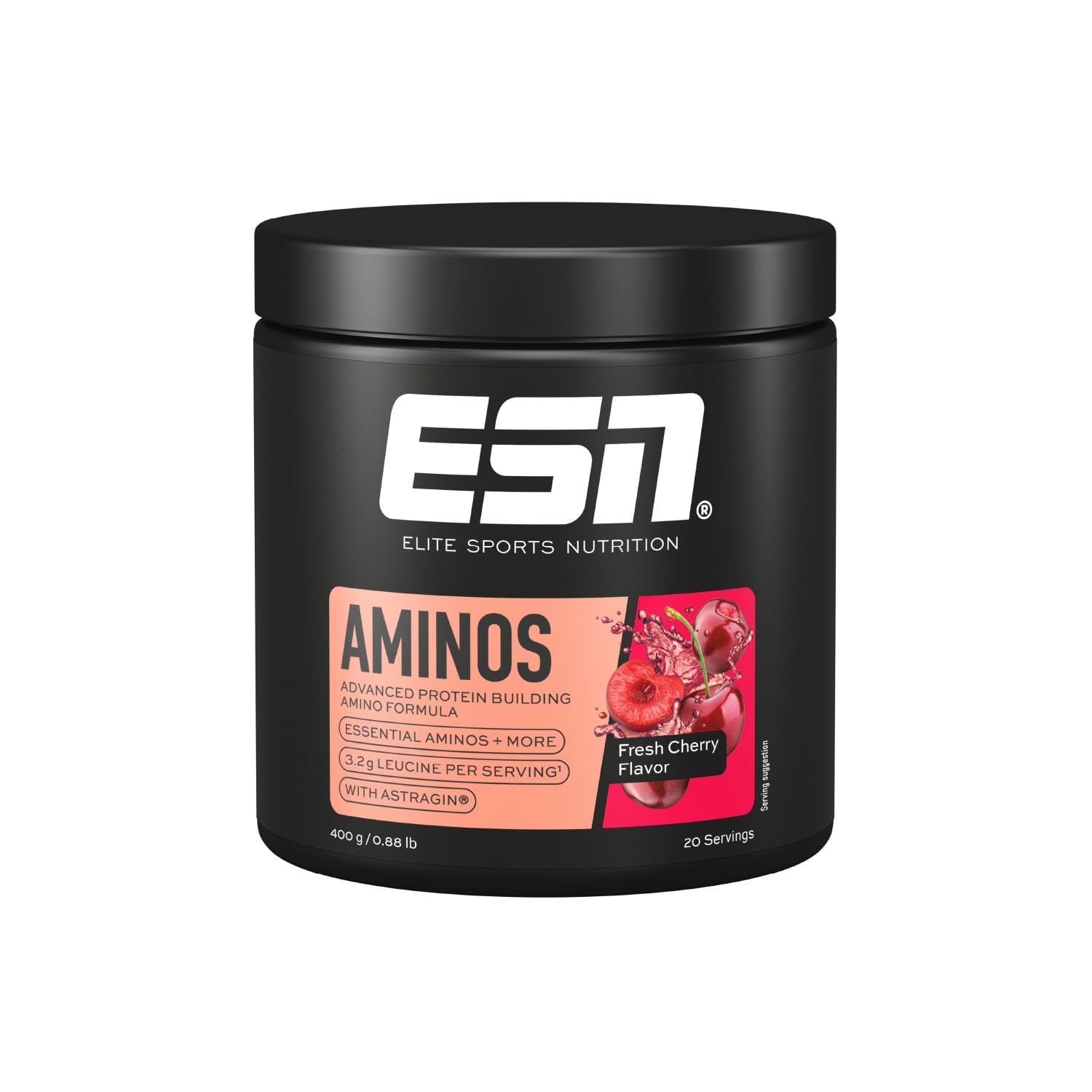 ESN AMINOS, Fresh Cherry, 400 g, feines Amino-Pulver mit essentiellen Aminosäuren & Astragin, 3,2 g Leucin pro Portion, ideale Löslichkeit, vegan - made in Germany