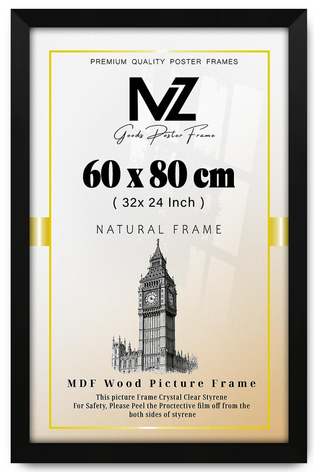 MZ GOODS | MDF Poster Frame (60 x 80 CM) 80 x 60 cm for Custom Artwork, Handmade Drawings & Photography, MDF Wood Finish, Secure Hanging Hooks [ Matt Black ]