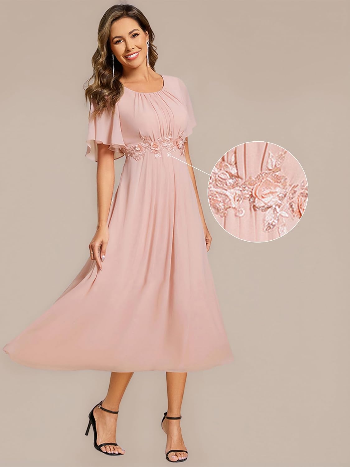 Ever-Pretty Women's Round Neck Pleated Short Sleeves Appliques A-line Chiffon Midi Formal Evening Dresses 02961 - Image 4