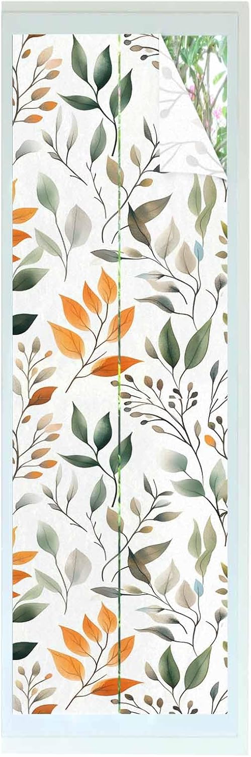Green Orange Eucalyptus Window Privacy Film Decorative Stained Glass Window Film Summer Watercolor Botanical Leaf Static Windows Clings Sticker for Glass Door, 35.4"x78.7" Blackout Windows Cover