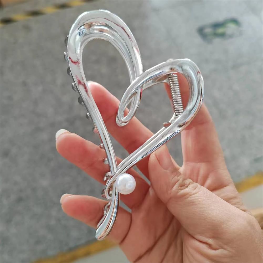Yangzerang Pearl Heart Hair Claws - Silver Tone Metal Heart Love Hair Clips with Strong Hold for Women & Girls - Image 2
