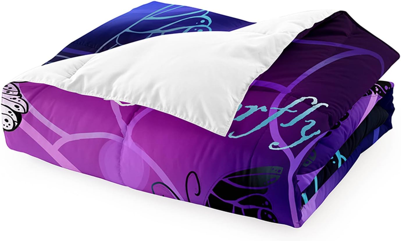 Fantasy Butterfly Bedding Set for Girls Teens, 2 Pcs Lightweight Microfiber Comforter Set with 1 Sham for All Seasons, Beautiful Butterflies Printed Breathable Quilt with Zipper Closure, Twin Size
