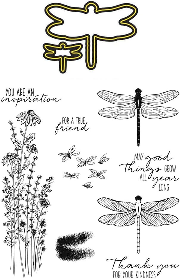 CRGANGZY Paper Cut Dies Clear Silicone Dragonfly Flower Animal Seal DIY Scrapbooking Metal Embossing Stencil for Card Making DIY Scrapbooking Embossing (H6286+ST0516A1)