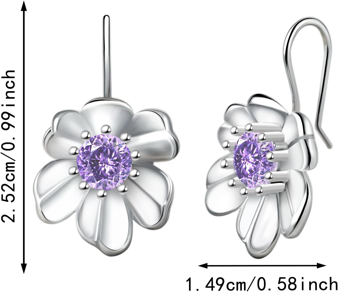 Sterling Silver Flower Earrings - Purple Cubic Zirconia Drop Dangle Earrings Hypoallergenic Lightweight Sparkle CZ Floral Dangling Earring Dainty Gifts for Mom Wife - Image 6