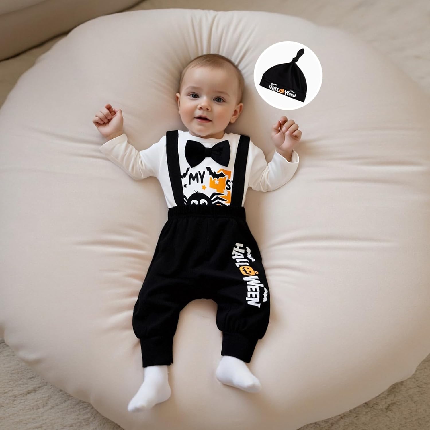 Karuedoo My 1st Halloween Baby Boy Outfit Long Sleeve Bowtie Romper Suspender Pants with Hat 3 Piece Fall Clothes Sets - Image 2