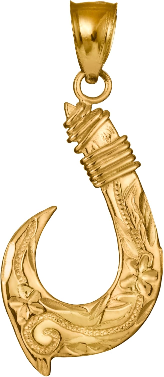 14K Solid Yellow Gold Hawaiian Fish Hook Pendant Charm, For Father Son Mom Daughter Girlfriend, Nickel Free Hypoallergenic for Sensitive Skin, Gift Box Included