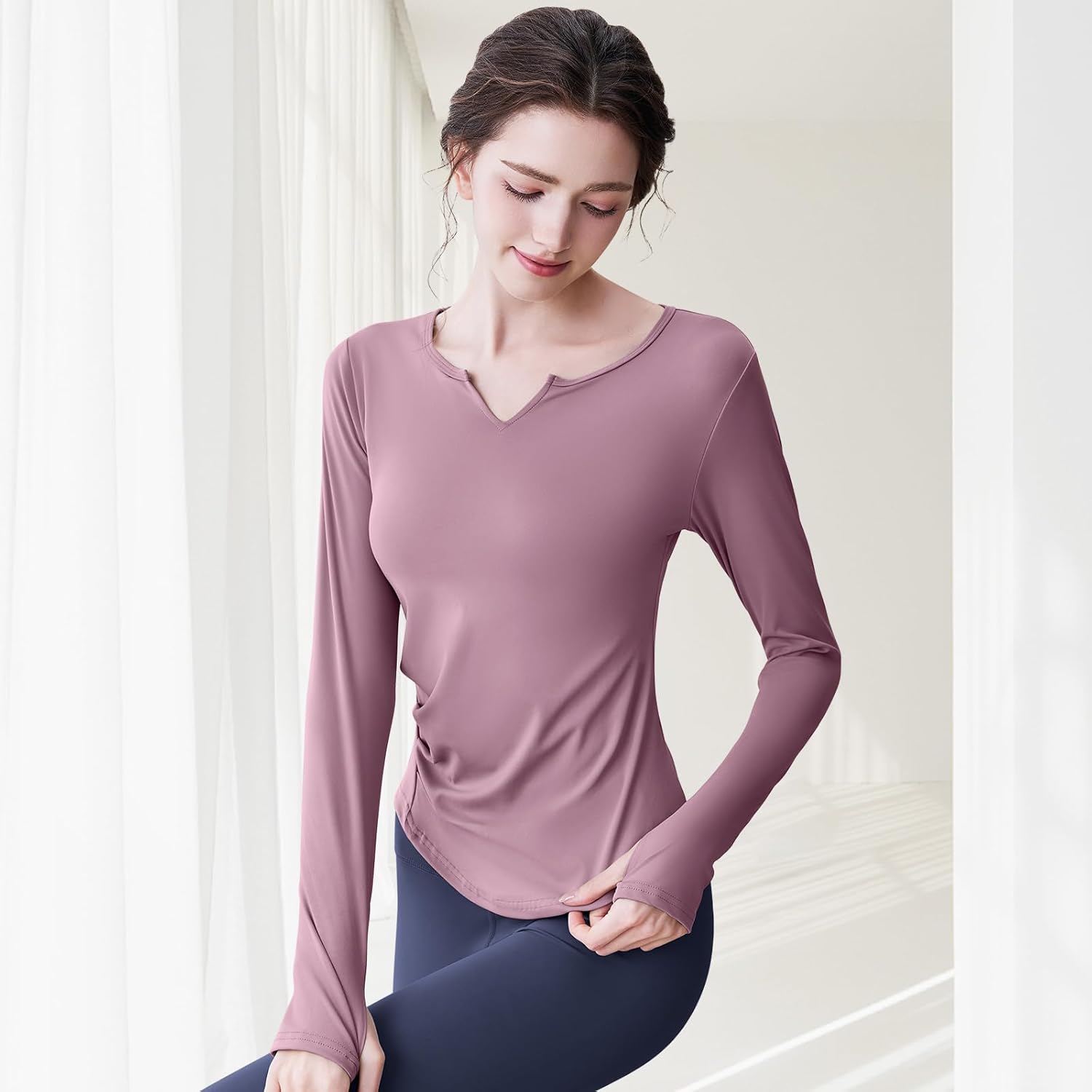 Women's Athletic Tops Long Sleeve Slim Fit Yoga Shirt Workout Running Clothes Base Layers with Thumb Hole - Image 3