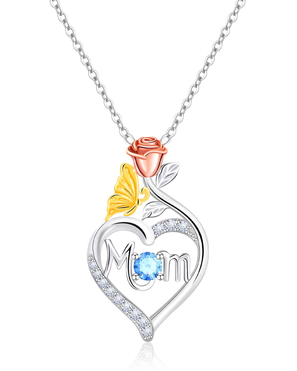 Molenia Mother's Day Birthstone Necklace for Mom, Genuine 925 Sterling Silver Pendant Necklace Rose Butterfly Heart Jewelry, Christmas Birthday Gifts