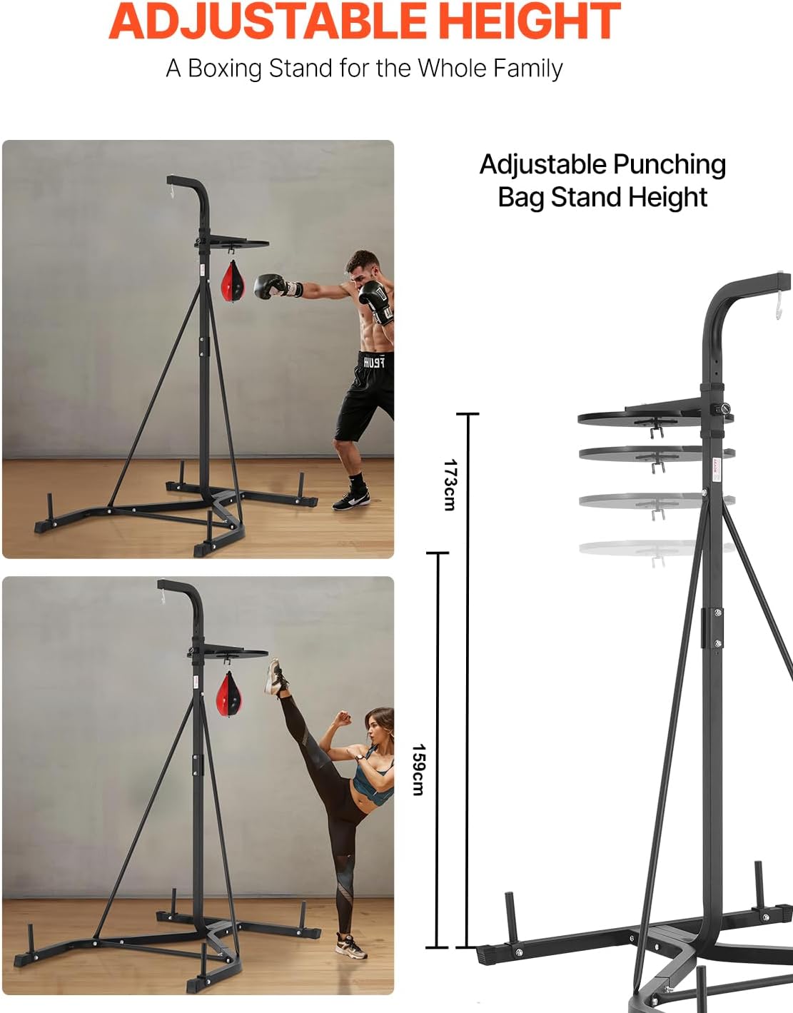 A person performing a kick on a red heavy bag attached to the VEVOR stand.