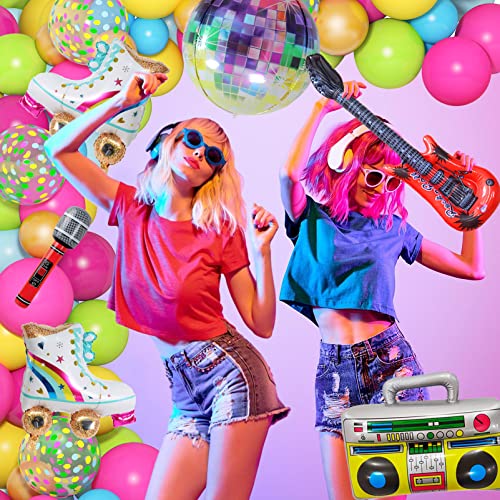 Amandir 90S 80S Theme Party Decorations, 90Pcs Balloon Arch Kit 6Pcs Inflatable Retro Disco Ball Microphone Rainbow Roller Skate Boom Box Guitar Balloon For Back To 90S 80S Hip Hop Birthday Supplies #TOP4