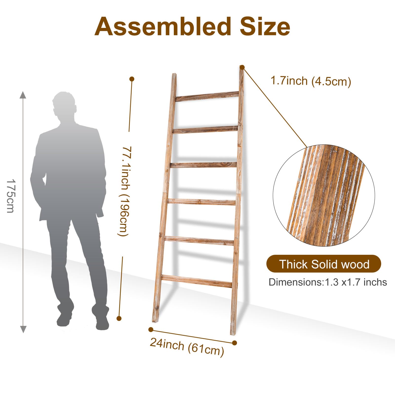 RANXFLOAT 6-Tier Blanket Ladder Wooden, Blanket Quilt Towel Holder Rack Decorative Ladder, Rustic Farmhouse Ladder Shelf for The Living Room Bedroom Home Decor Carbonized Wood 24 Inch
