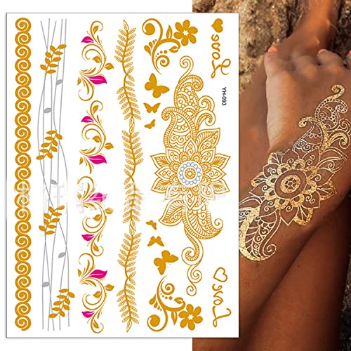 Gold Henna Temporary Tattoo Stickers,6 Sheets Lace Pattern Fake Tattoos Mystery Sexy Mandala Flower Body Art Design Waterproof Henna Sticker For Women Girls Diy On Body Face Arms Legs (Gold) #TOP3