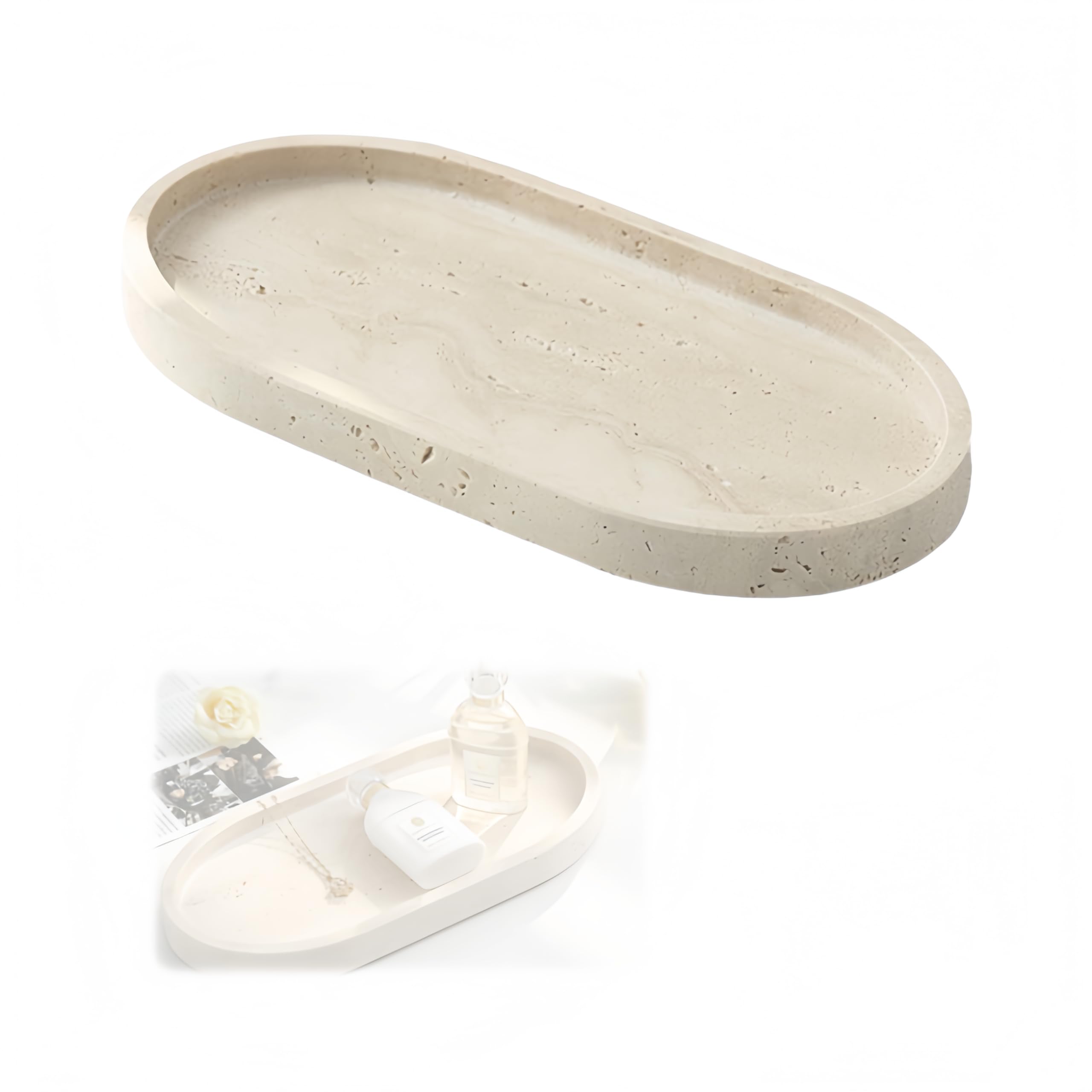 Plateau, Plateau Ovale de Salle de Bain en Travertin Naturel Plateaux Decoratif Beige à Bord Surélevé Plateaux à Bijoux 25 x 12 cm pour Cosmétiques Produits de Soin Bijoux Parfums et Bougies