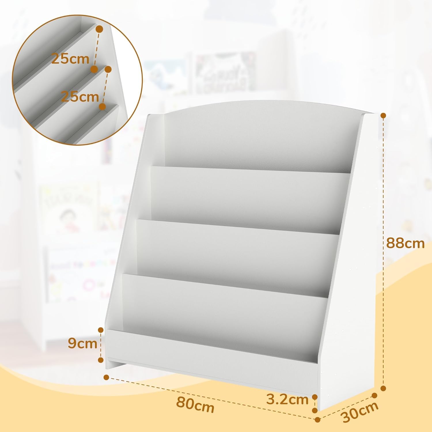 4 Ebenen Bücherregal Kinder Montessori – 88cm Höhe fürs Kinderzimmer | Kinderfreundlich, Leicht greifbar, Lesefördernd, Stauraumstark, Offen