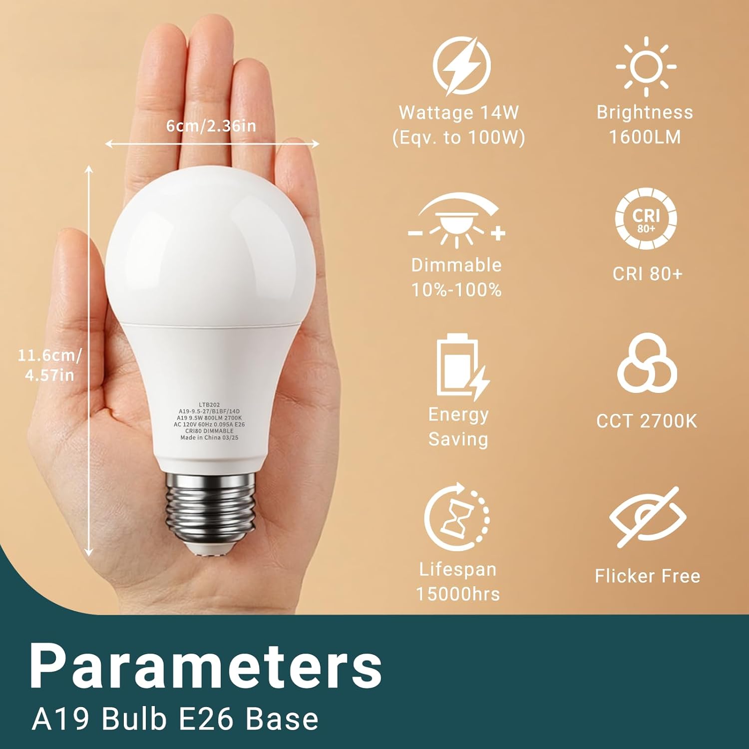 Dimmable LED Light Bulbs, 100 Watt Equivalent LED Bulbs, 14W 1600LM 2700K Soft White, E26 Standard Base, CRI80+, A19 Lightbulb for Home, Bedroom, Living Room, Office, 6 Pack