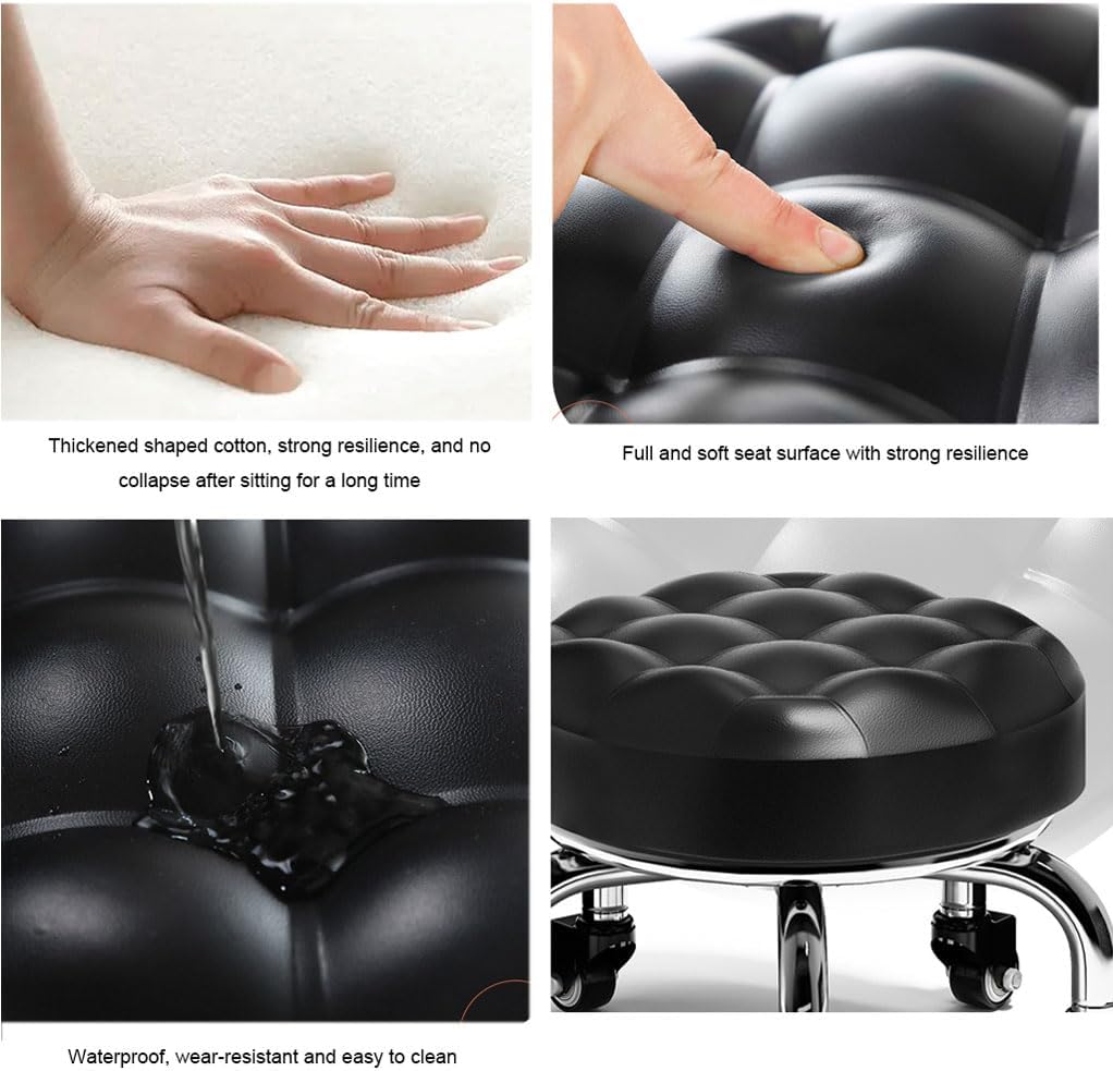 Low Roller Stool with 360° Swivel Wheels, Low-Height Short Rolling Stool Seat, PU Leather Small Mechanic Chair, Rolling Stools for Pedicure, Garage, Shop, Library Black