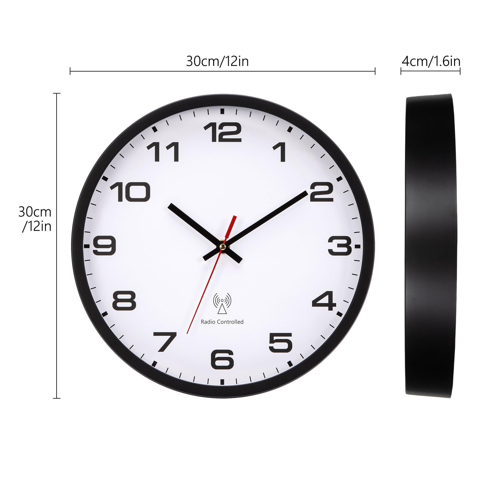 Wanduhr Funk Funkwanduhr 30cm Groß Funkuhr Schwarze Weiß Batteriebetrieben Vintage Modern Uhr Wand für Küche Schlafzimmer Wohnzimmer Kinder