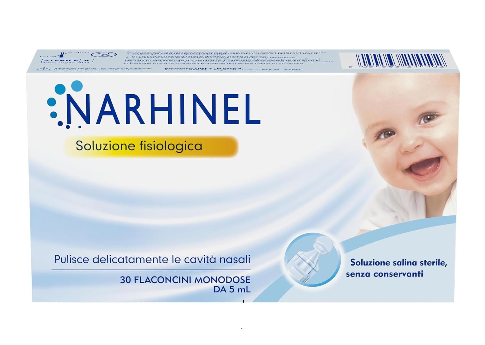 Narhinel Soluzione Fisiologica per Lavaggi Nasali, Soluzione Salina Isotonica, Detersione Delicata in Caso di Naso Chiuso, Pacco da 30 Flaconcini Monodose da 5 ml