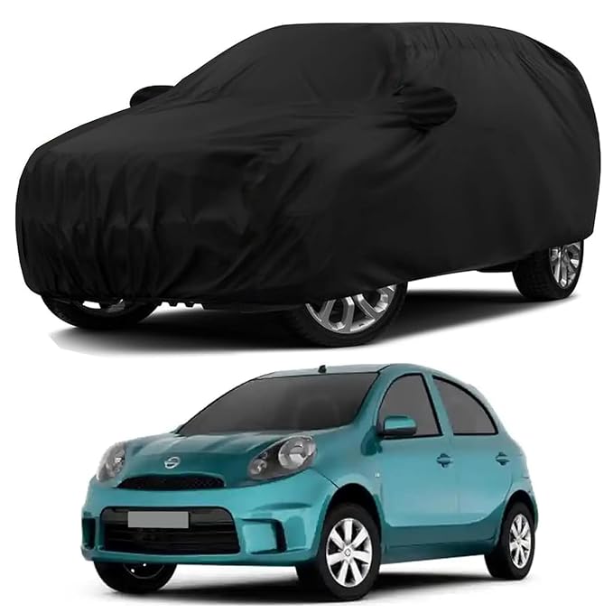 Sulfar 100% Water Resistant Car Body Cover Compatible with Mirror & Antenna Pockets for Nissan Micra Active (Triple Stitched, Full Bottom Elastic, Black)
