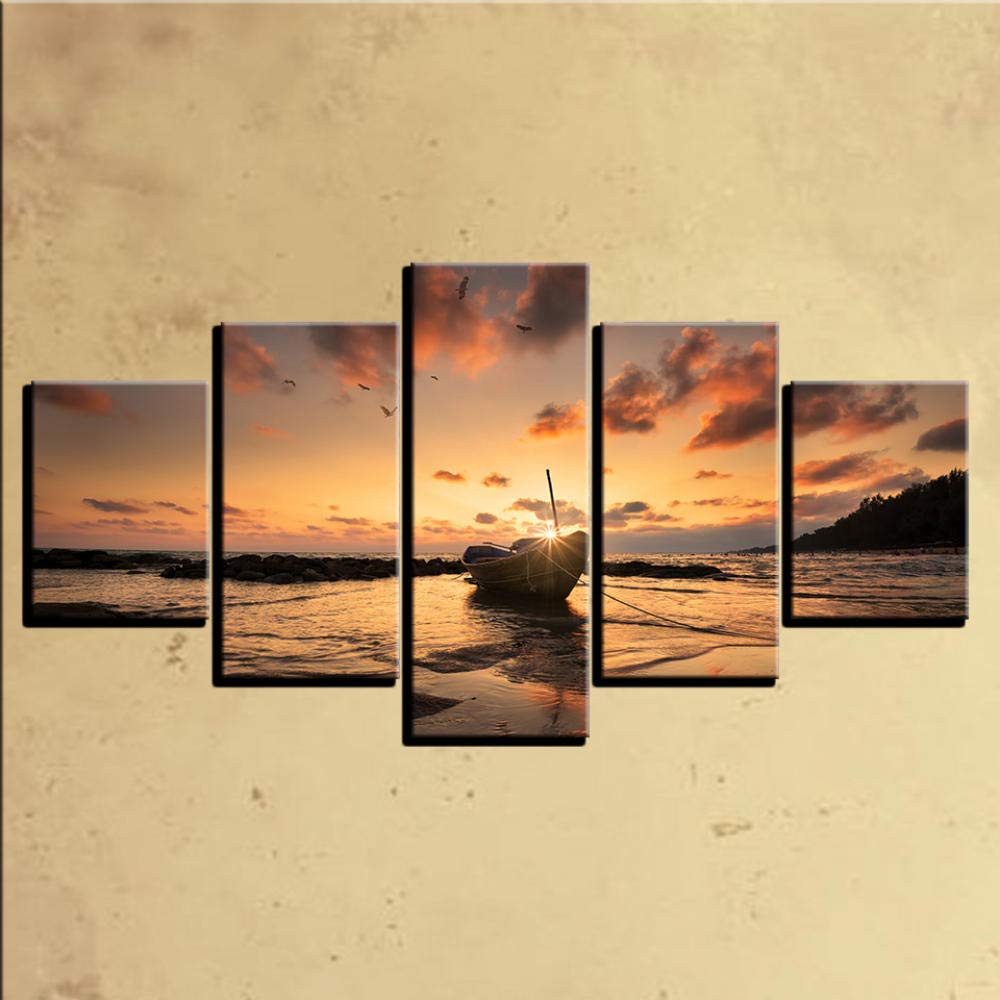Impresiones sobre Lienzo Cuadros De Alta Definición Impresos Lienzo Arte De La Pared Decoración del Hogar Carteles 5 Pieza De Barco Puesta De Sol Playa Paisaje Marino Pintura El Animal Fotos