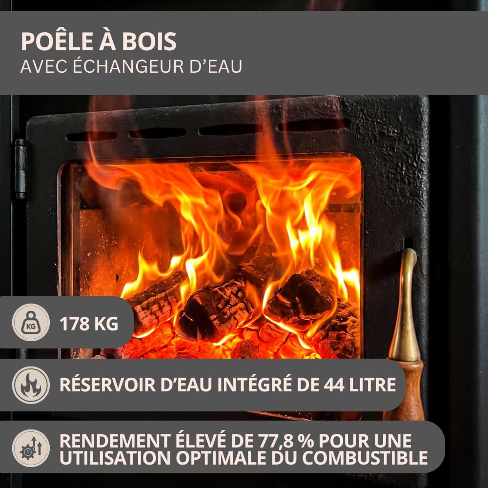 Prity WD W29 Poêle à bois 29 kW avec gaine d'eau et chauffage central extra large certifié CE
