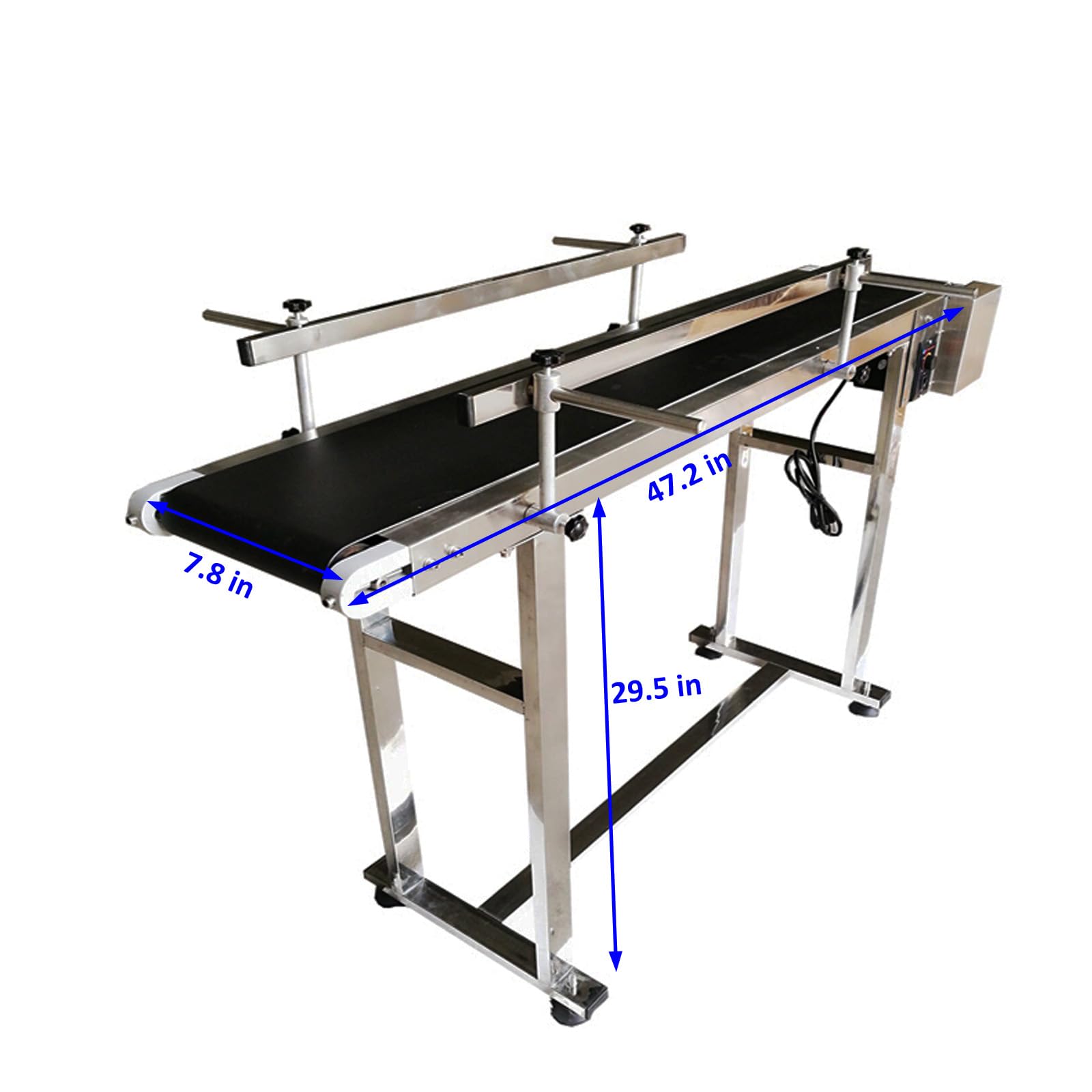 BEILOCKERY 47.2 inch PVC Belt Conveyor 7.9 inch Width Double Guardrails Stainless Steel Frames Belt Conveyor for Conveying Bottles Metal Plastic Bags Cartons 110V 60W(Black Belt)