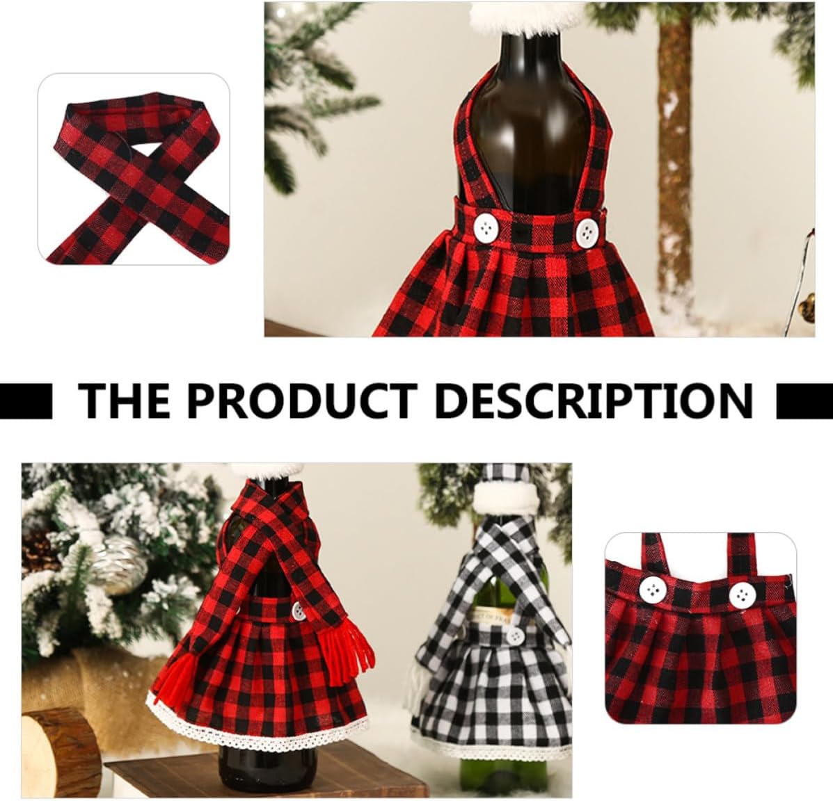 Uonlytech Funny Christmas Bottle Dress Suit Wine Bottle Cover Set with Plaid Cloth Mini Hat and Scarf, Decorative Accessory for Party and Photo Taking