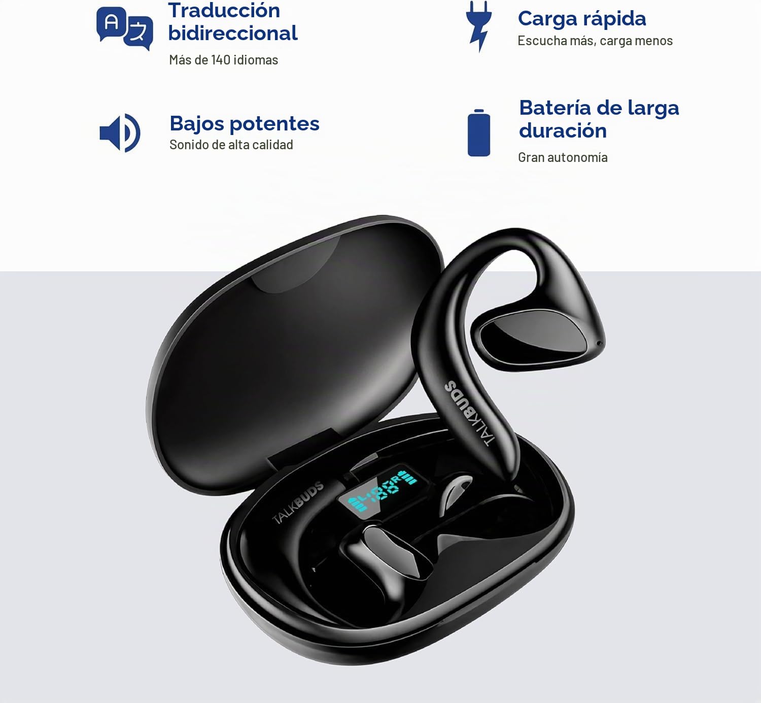 TalkBuds – Auriculares Traductores con Inteligencia Artificial | Traducción en Tiempo Real en +140 Idiomas | Compatible con Android y iOS | Conexión Bluetooth 5.1 (Negro)