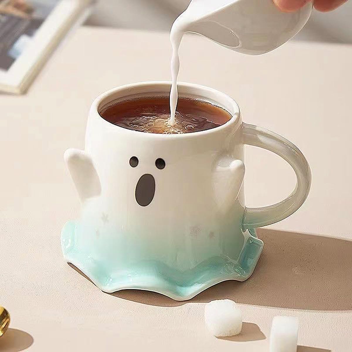 KKGUD Novelty Mini Cup, Ceramic 4.5oz Halloween Coffee Cup with Spoon- Scary Ghost (Green), Scary Ghost- Green, 130ml, Small - Image 4