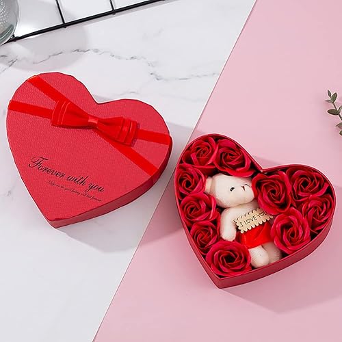 Miniatura 2 de Caja de regalo de rosas románticas con bonito oso de peluche y etiqueta I Love You en forma de corazón, pétalo de cuerpo de baño perfumado para el
