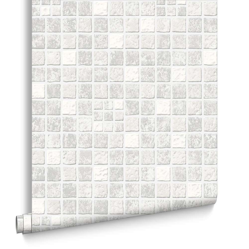 Contour Grey Earthen Tile Effect Kitchen Bathroom /White Washable Wallpaper | Paste The Wall | Tiled | Eco-Friendly 1000Cm