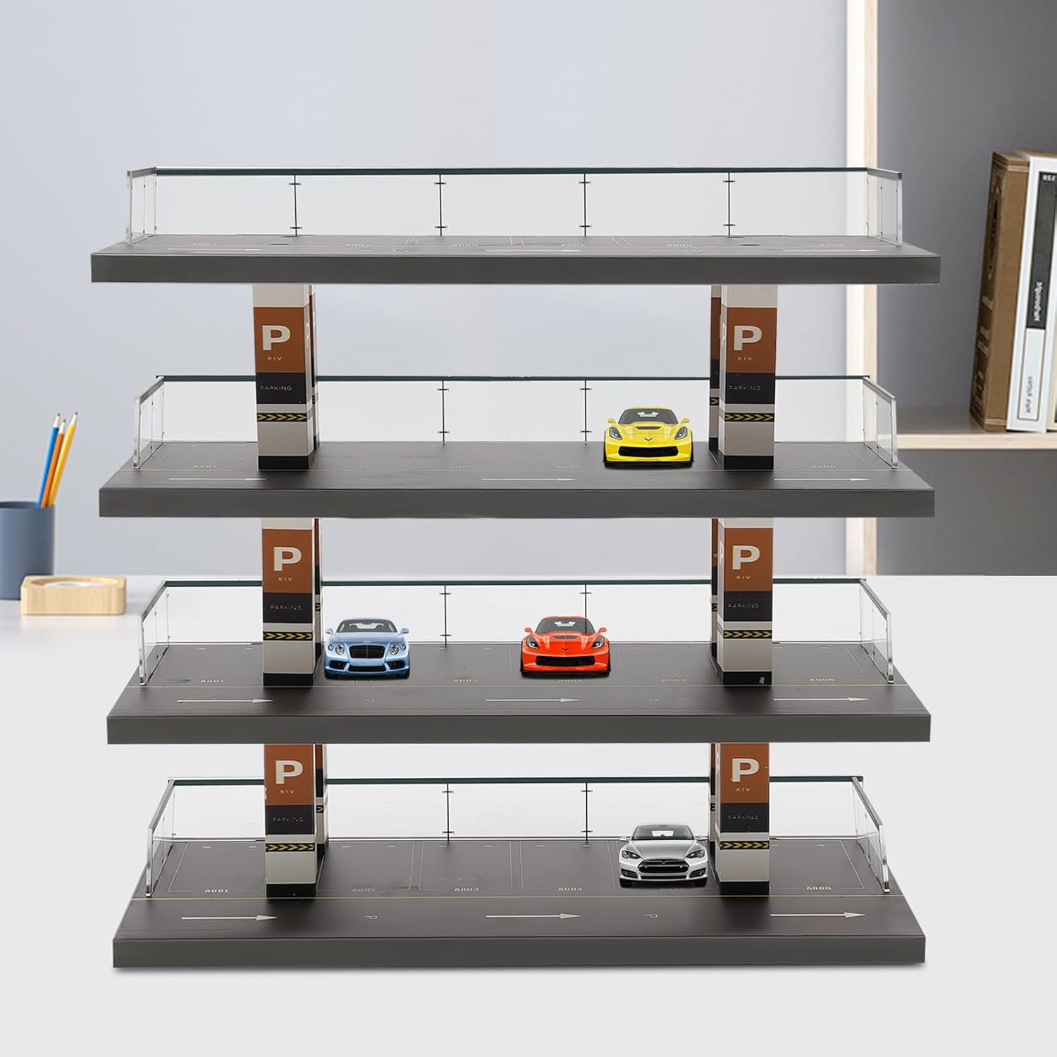 4-Tiers Model Car Display Case, 1/64 Scale Hot Diecast Wheels Display Case Toy Car Storage, Small Parking Garage Diorama Children's Birthday Presents
