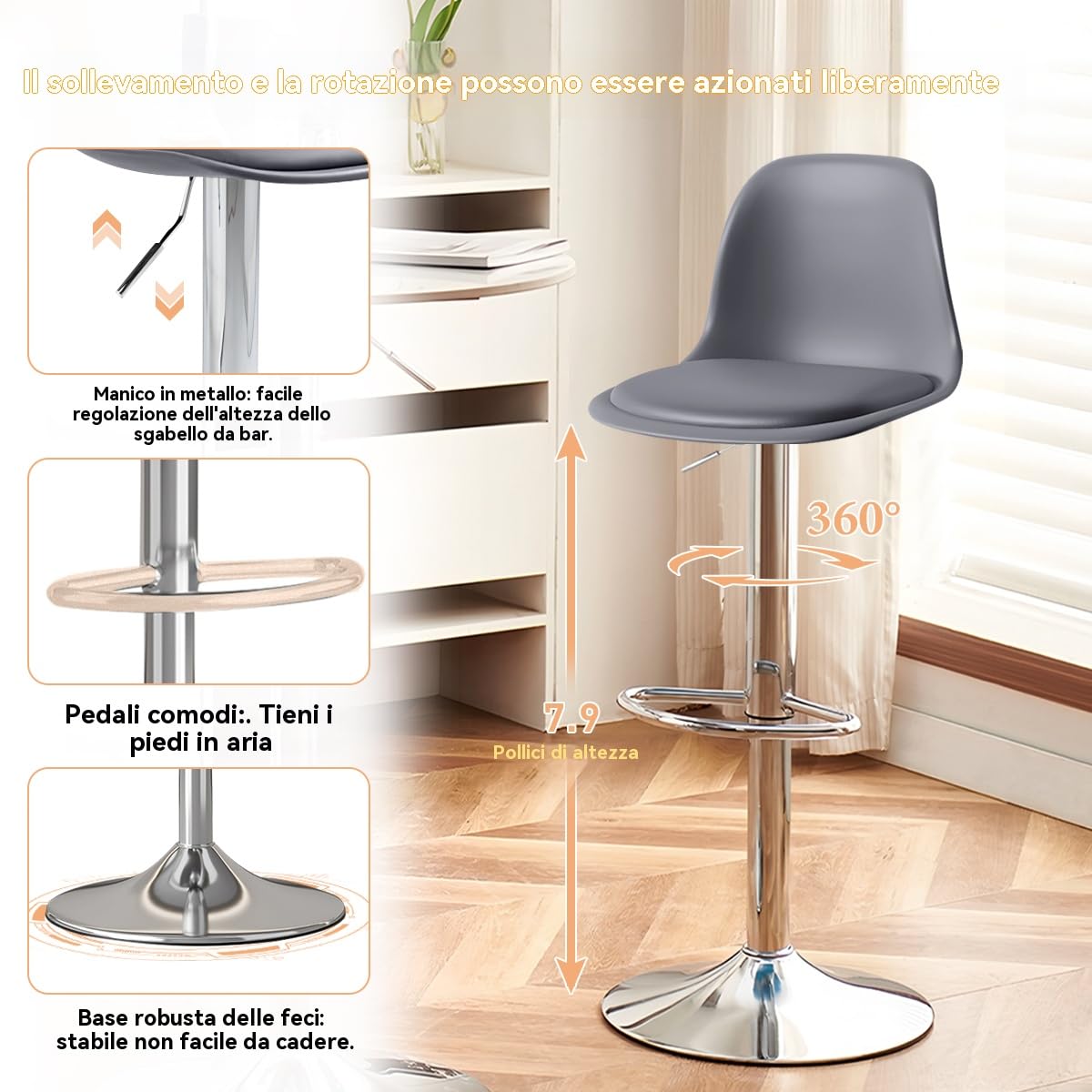 Set moderno di sgabelli da bar (2 pezzi), sgabelli girelli regolabili in altezza con schienale e poggiapiedi, per isole cucina e home bar