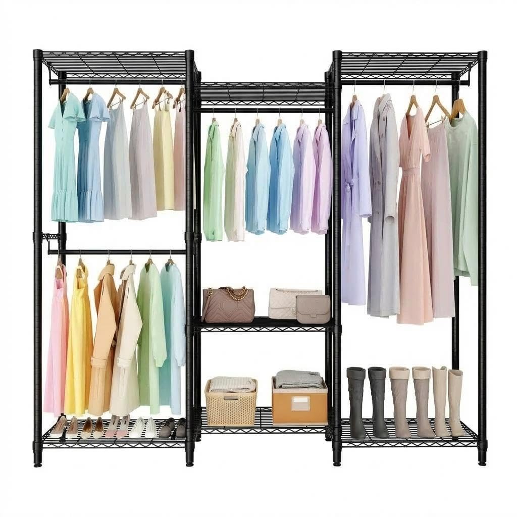 Perchero de Ropa, Perchero Resistente Profesional, Armario Vestidor con 3 Combinaciones Niveles 2×3×2, Vestidor para Dormitorio de Adulto, Negro 180×40×194,2cm