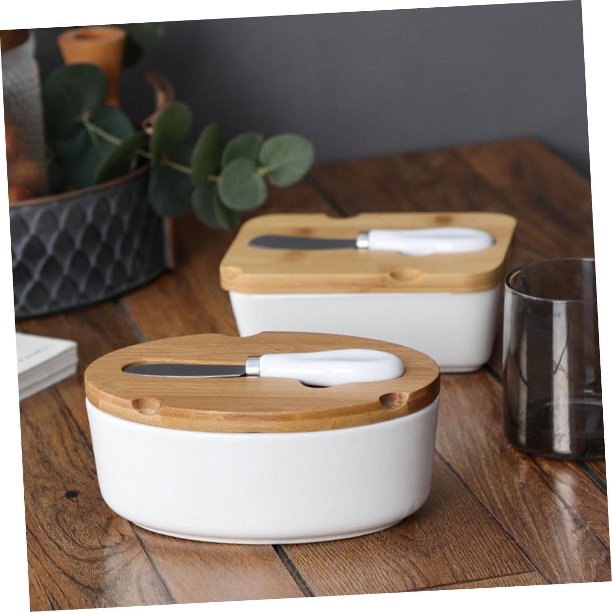 Ceramic Butter Storage Dish with Cutter and Lid Oval Butter Box Set and Cheese Preservation Kitchen Dining Serveware for Countertop Use