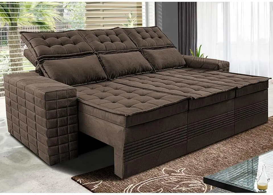 Sofá 3 Lugares Retrátil e Reclinável Cama Inbox Senses 2,00m Velusoft Café