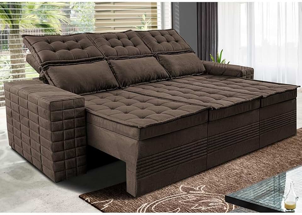 Sofá 3 Lugares Retrátil e Reclinável Cama Inbox Senses 2,00m Velusoft Café