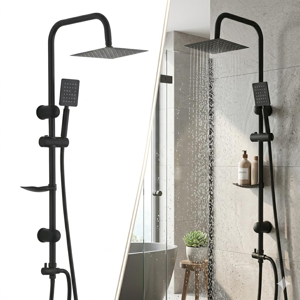Columna Ducha Senza Miscelatore, Columna Ducha Completo con Rociador Ducha 20×20 cm Cuadrado y Ducha de Mano y Manguera, Regulable 92cm, Acero Inox, Negro